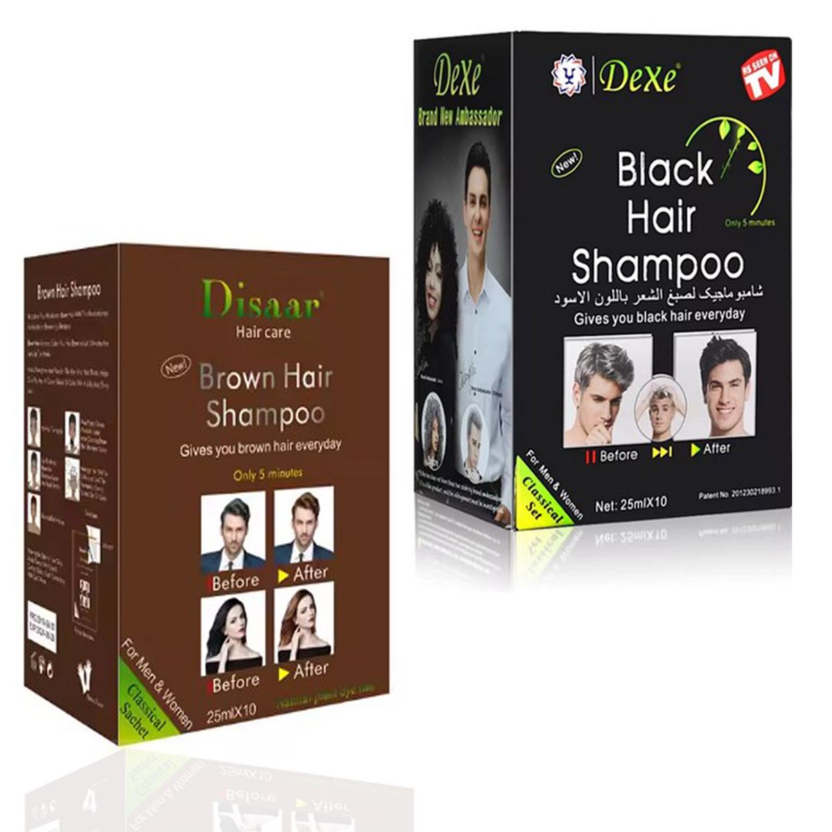 DEXE - BLACK HAIR SHAMPO COLOR NEGRO Y CASTAÑO 2 CAJAS
