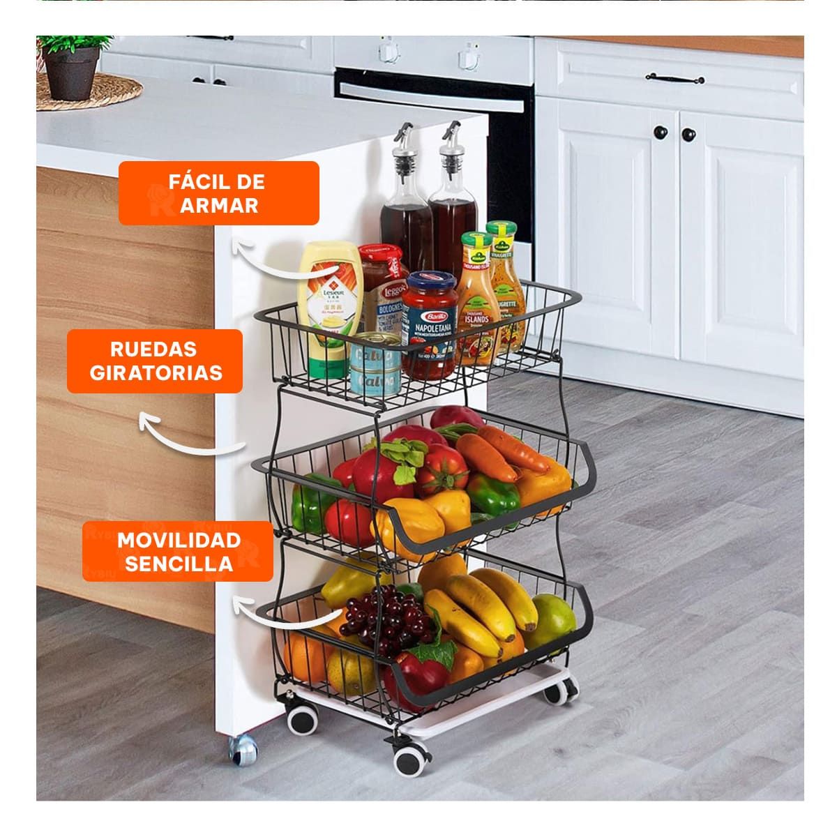 RYBIU IMPORT - Pack2 Cesta Resistente Movible 3 Niveles de Cocina Negro