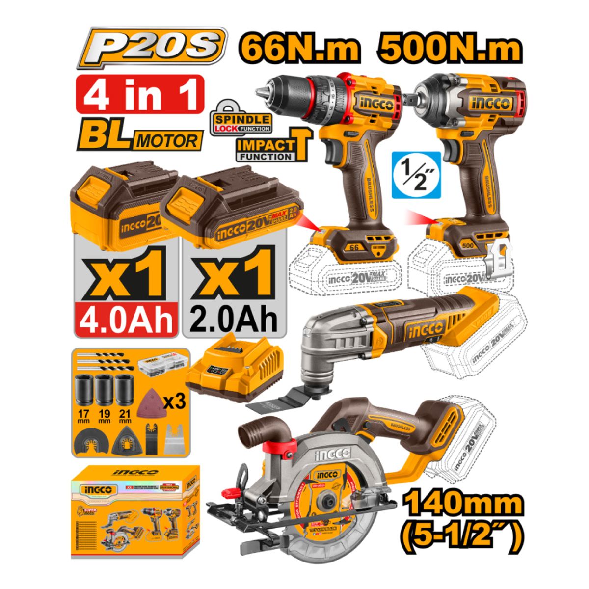 INGCO TOOLS - PERCUTOR +LLAVE IMPACTO +SIERRA CIRCULAR +MULTIHERRAMIENTA COSLI241169