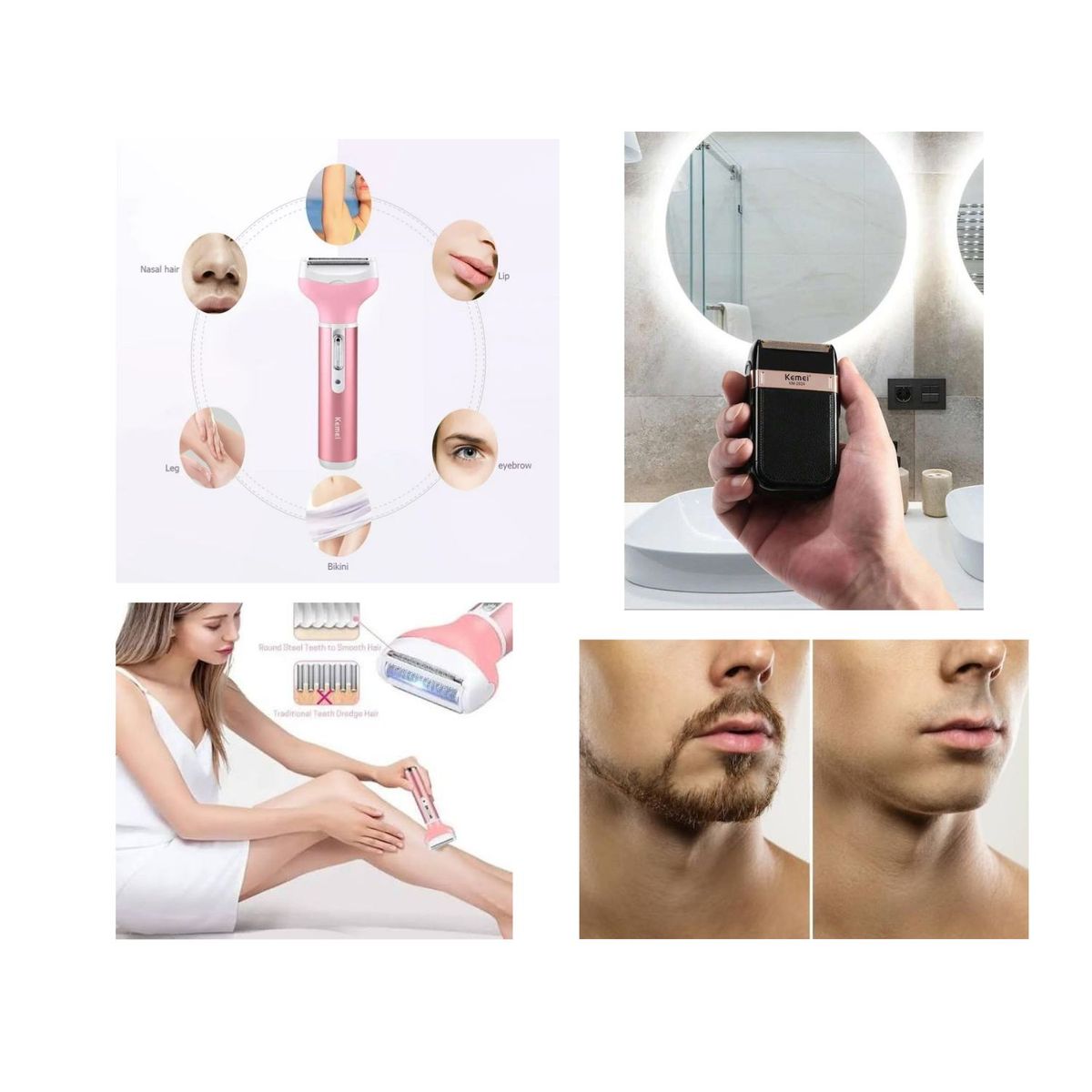 OEM - PACK Afeitadora Facial y Corporal KEMEI 4 en 1 + Afeitador KM-2024