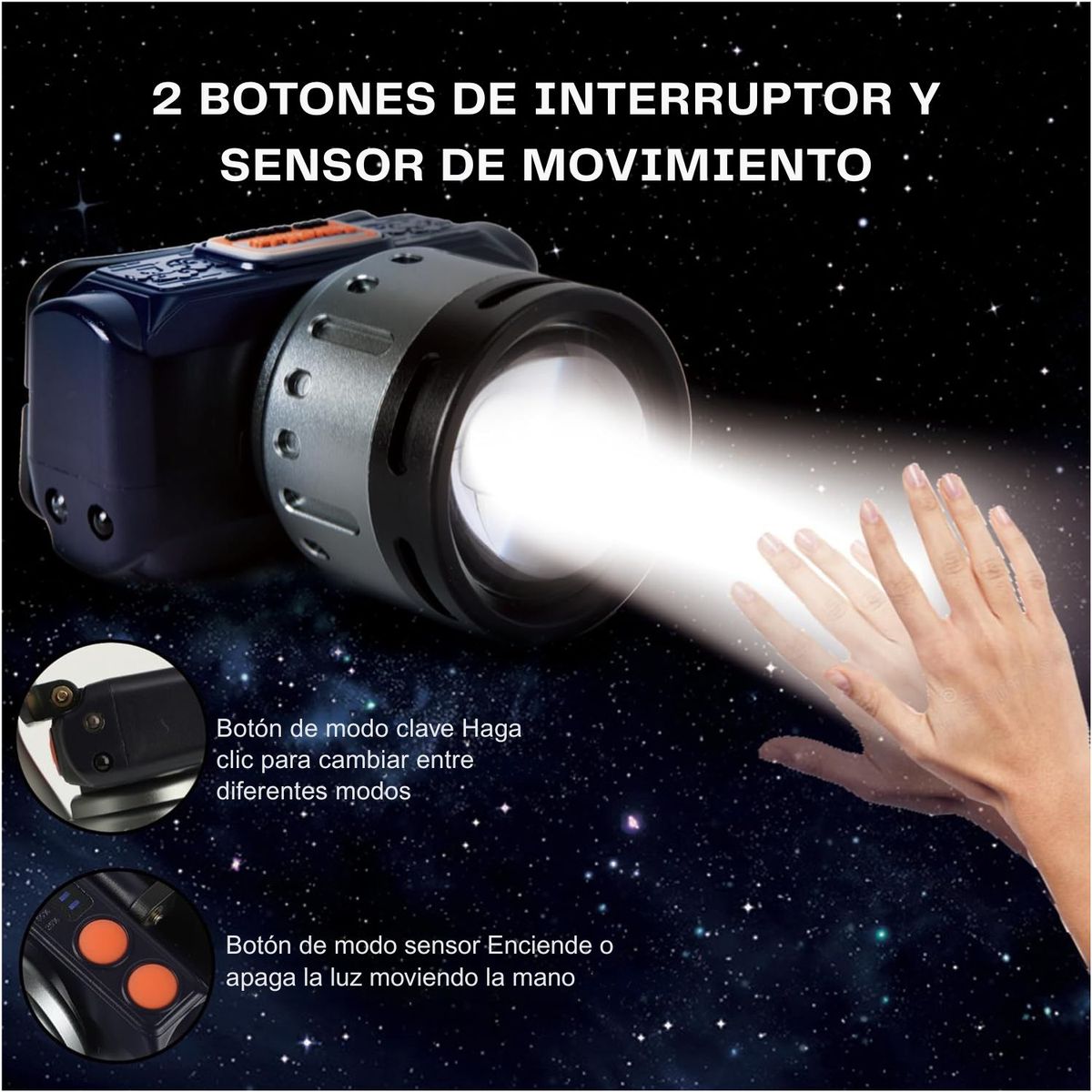 GENERICO - Linterna de Cabeza Recargable Bossney LED con Zoom y Sensor