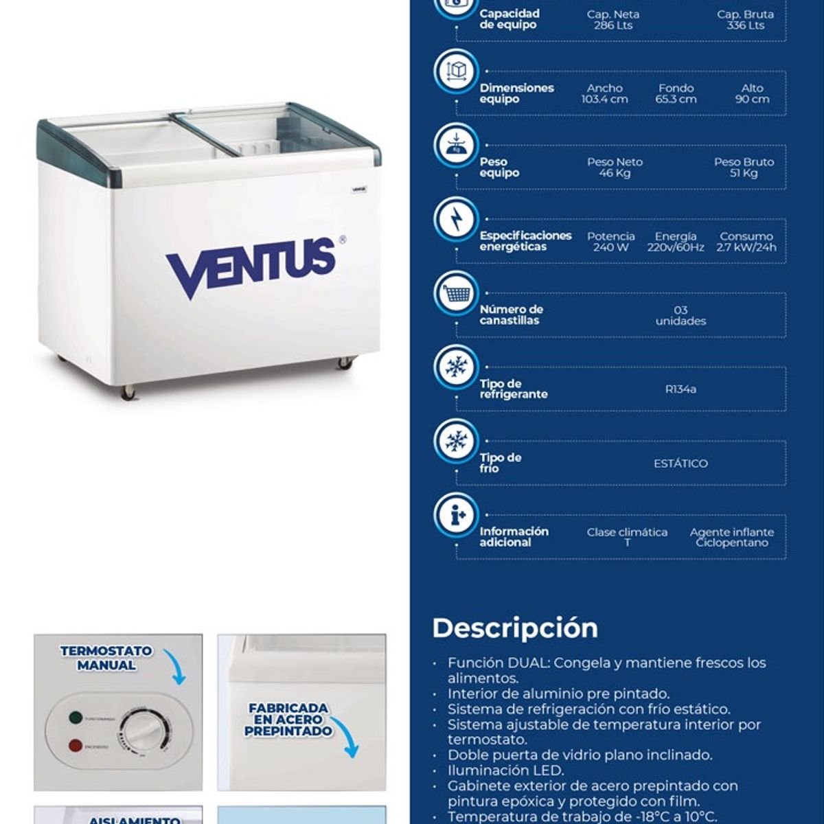 VENTUS - Congeladora Dual Tapa de Vidrio Inclinado 336 Litros, CTV-340I - Ventus