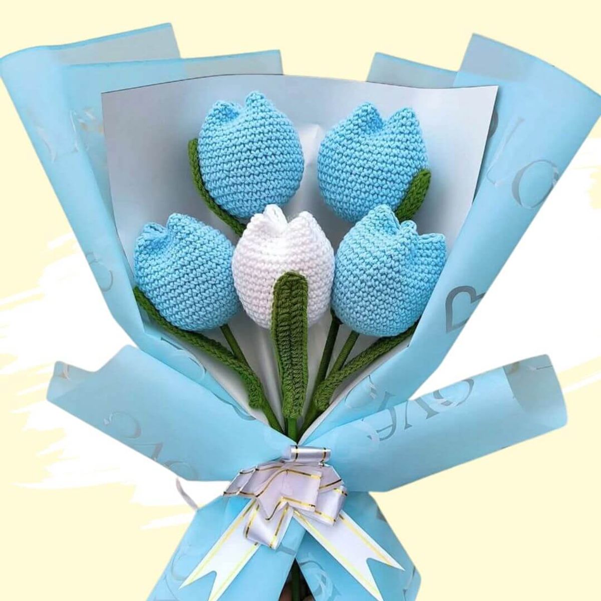 GENERICO - Ramo x 05 Tulipanes Eternos Tejidos Crochet Flores Celeste