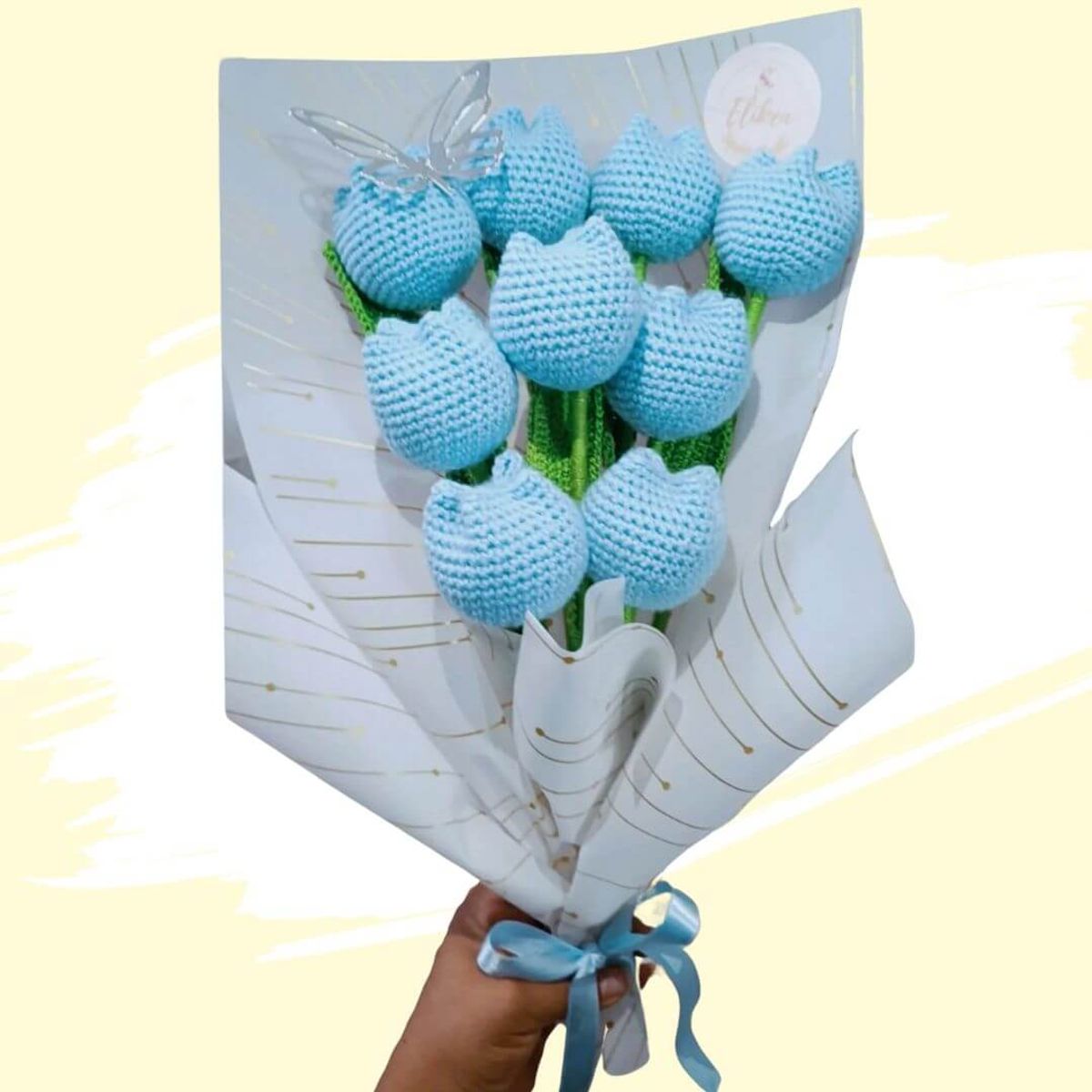 GENERICO - Ramo x 10 Tulipanes Eternos Tejidos Celeste Crochet Flores