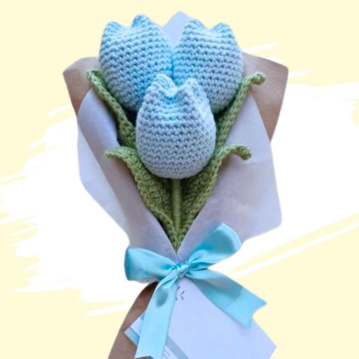 GENERICO - Ramo 03 Tulipanes Eternos Tejidos a Crochet Flores Celeste