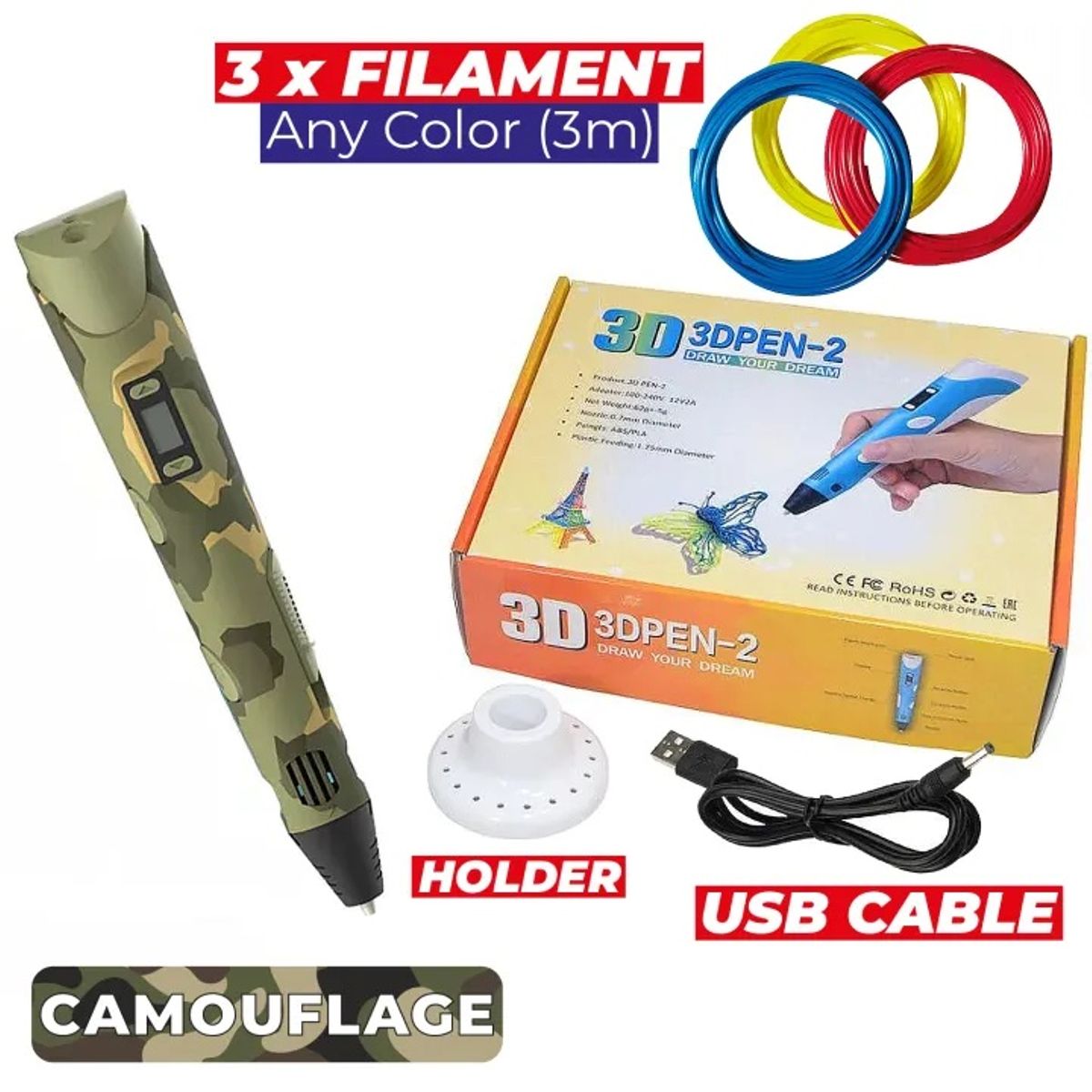 GENERICO - LAPICERO 3D IMPRESION RAPIDA CON FILAMENTO DE COLORES 10M