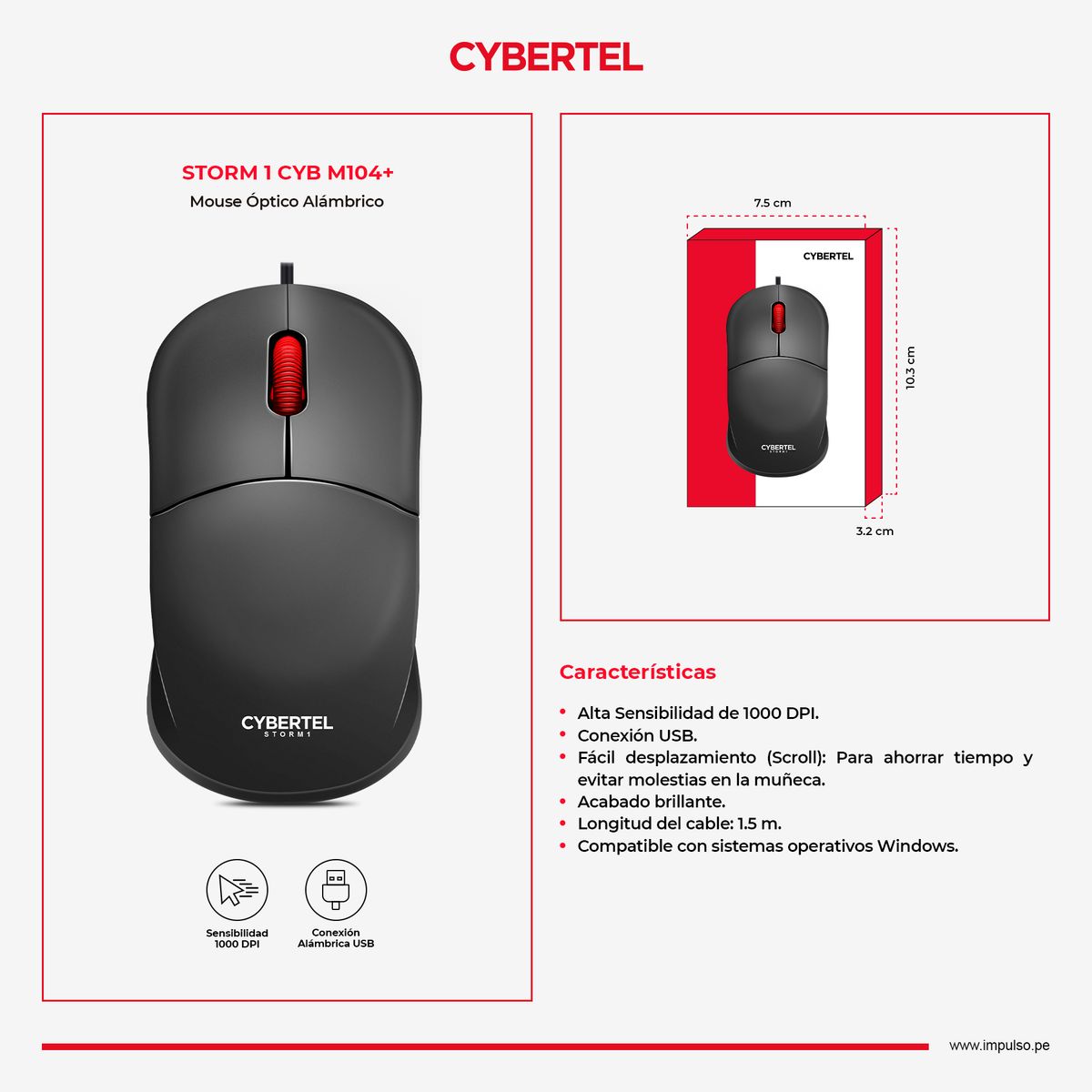 CYBERTEL - Mouse Oficina Alámbrico 1000DPI NEGRO Cybertel Storm 1 - CYB M104+
