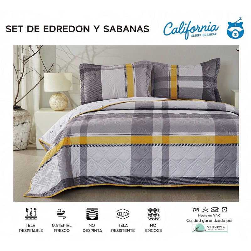 MINGDA - Set de Cubrecama QUEEN + Juego de sabanas + fundas 100%  Calidad