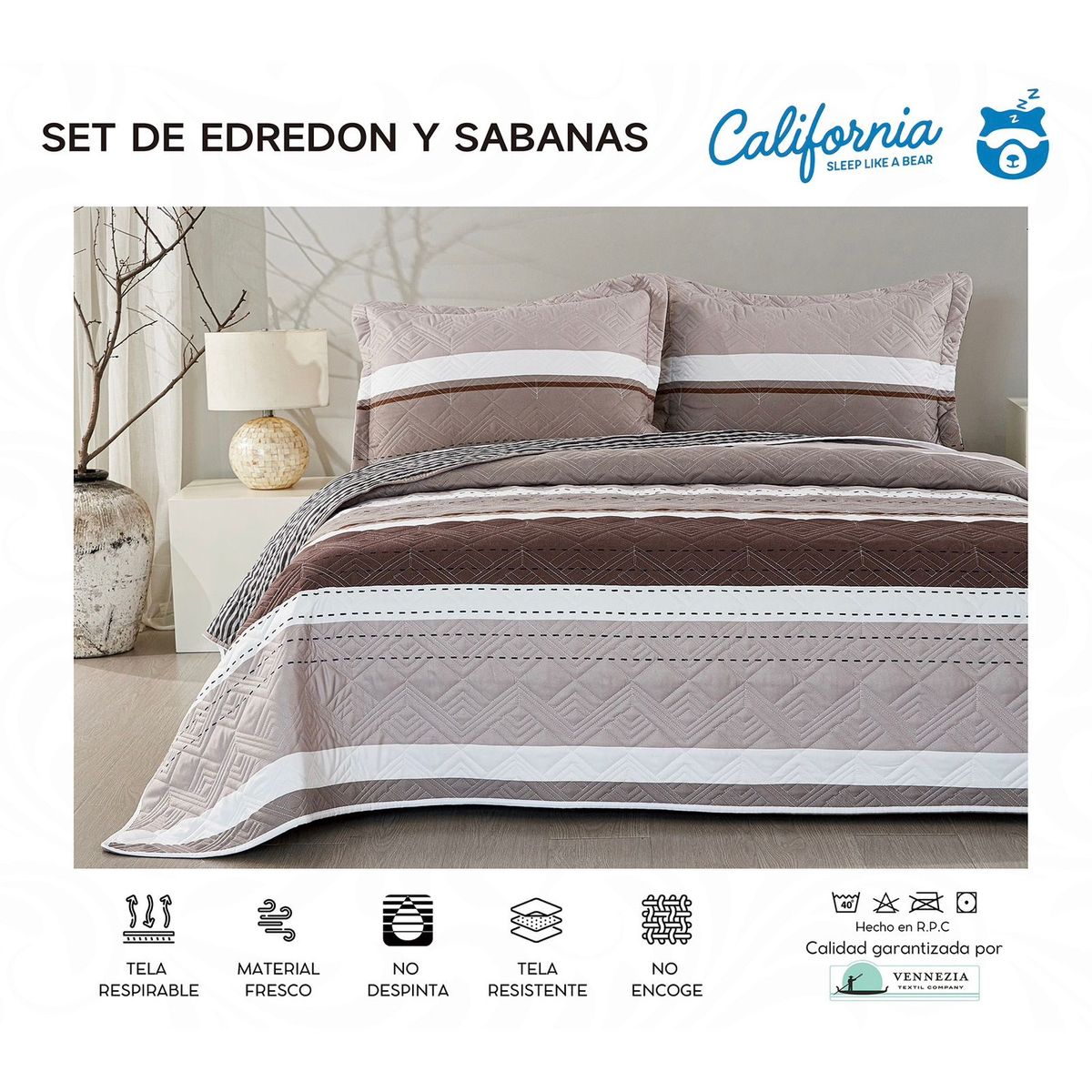 MINGDA - Set de Cubrecama QUEEN + Juego de sabanas + fundas 100%  Calidad