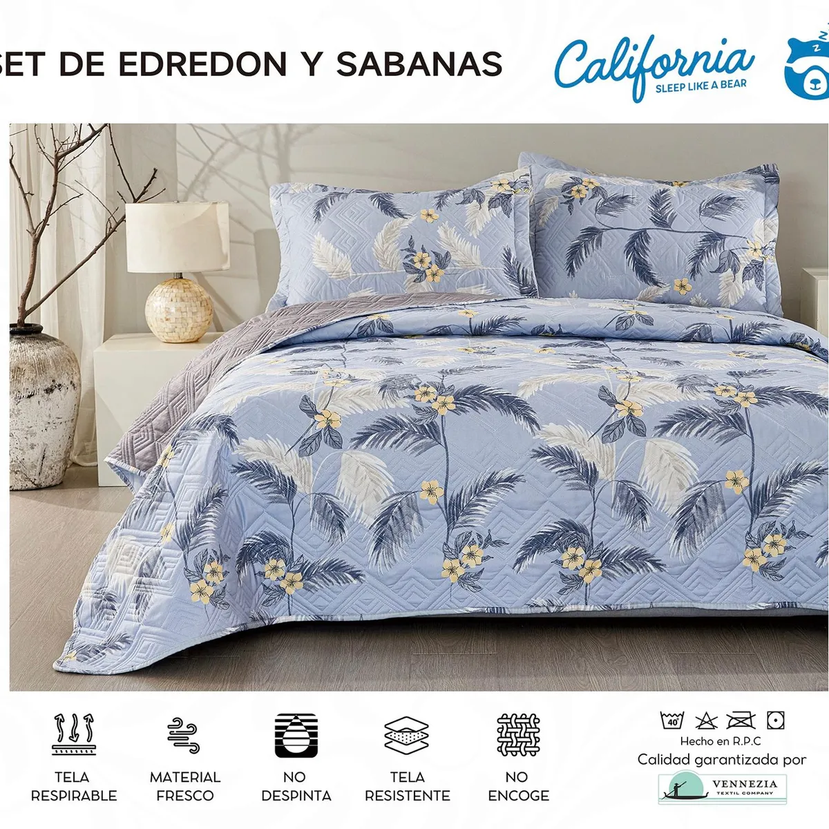 MINGDA - Set de Cubrecama QUEEN + Juego de sabanas + fundas 100%  Calidad