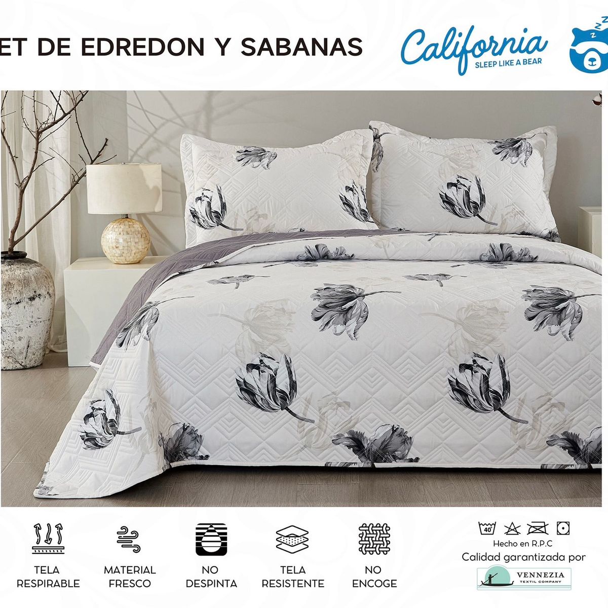 MINGDA - Set de Cubrecama QUEEN + Juego de sabanas + fundas 100%  Calidad