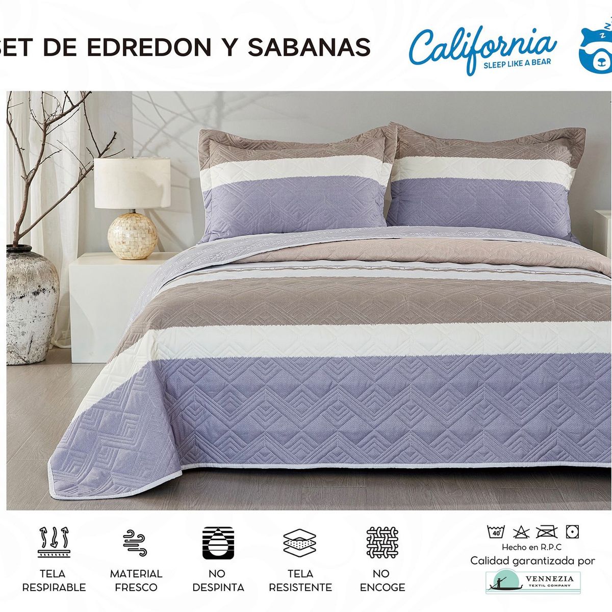 MINGDA - Set de Cubrecama QUEEN + Juego de sabanas + fundas 100%  Calidad