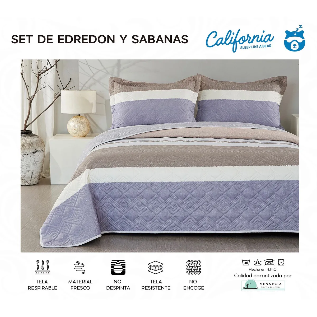 MINGDA - Set de Cubrecama QUEEN + Juego de sabanas + fundas 100%  Calidad