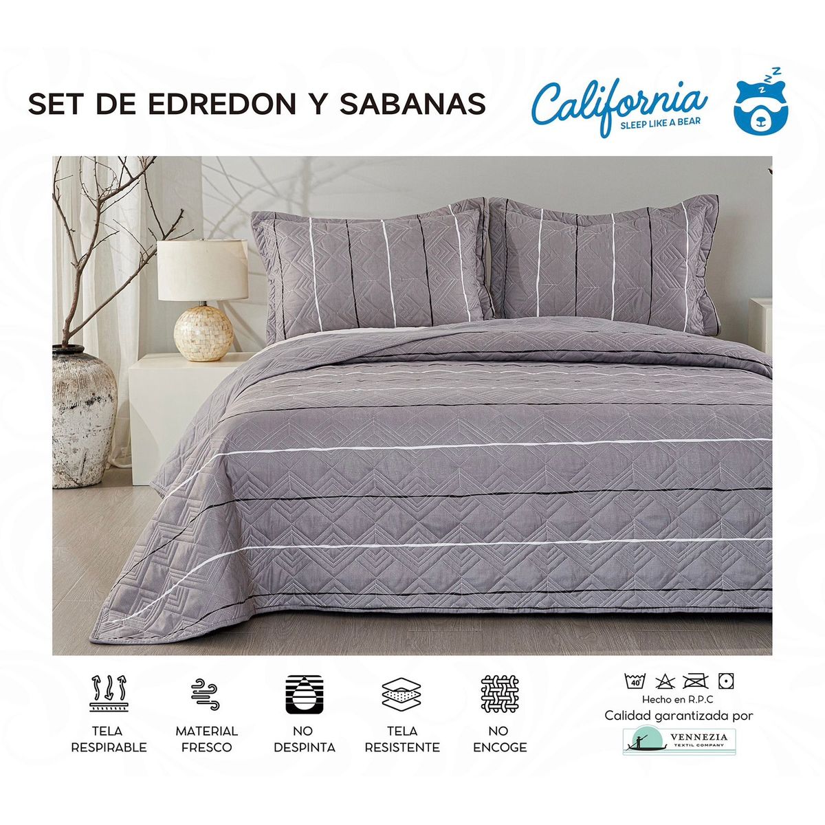 MINGDA - Set de Cubrecama QUEEN + Juego de sabanas + fundas 100%  Calidad