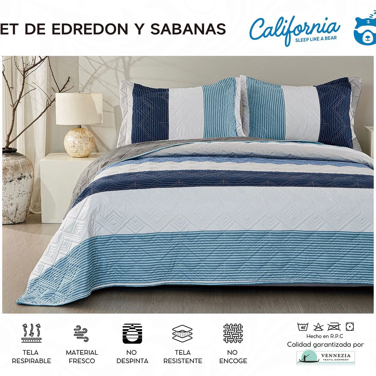 MINGDA - Set de Cubrecama QUEEN + Juego de sabanas + fundas 100%  Calidad