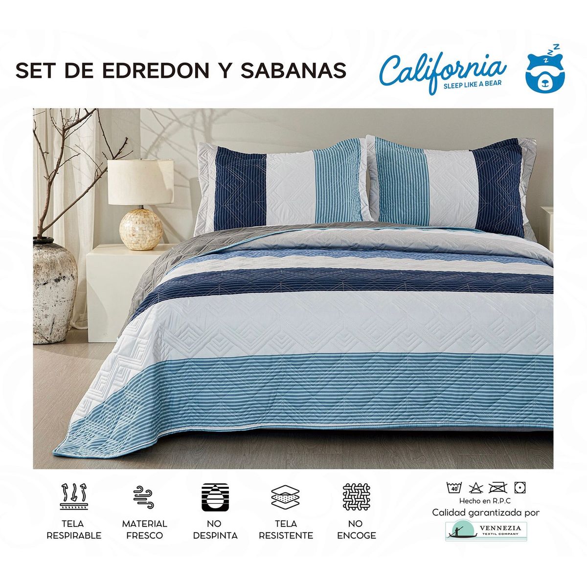 MINGDA - Set de Cubrecama QUEEN + Juego de sabanas + fundas 100%  Calidad