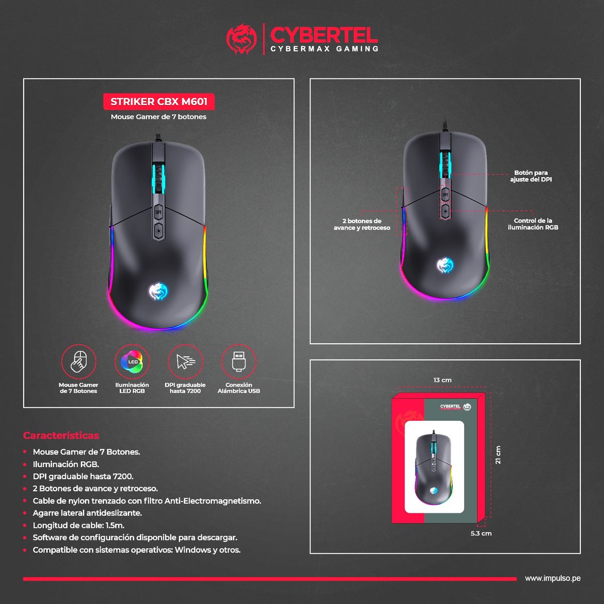CYBERTEL - Mouse Gamer Alámbrico 7B RGB 7200DPI Cybertel Striker CBX M601