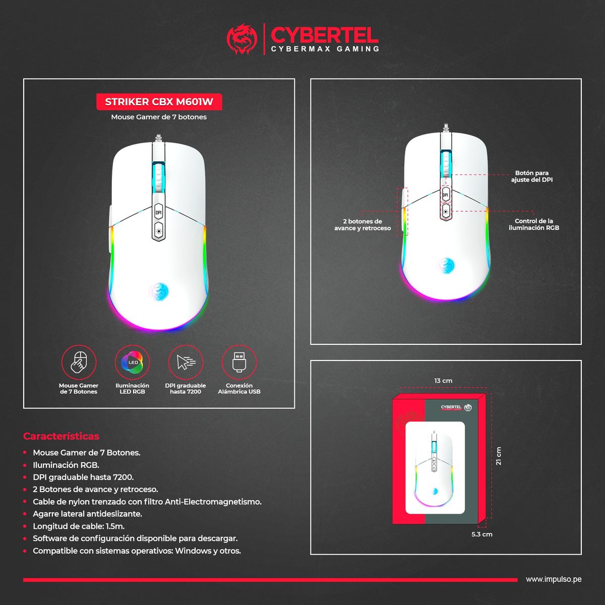CYBERTEL - Mouse Gamer Alámbrico RGB 7B 7200DPI Cybertel Striker CBX M601W