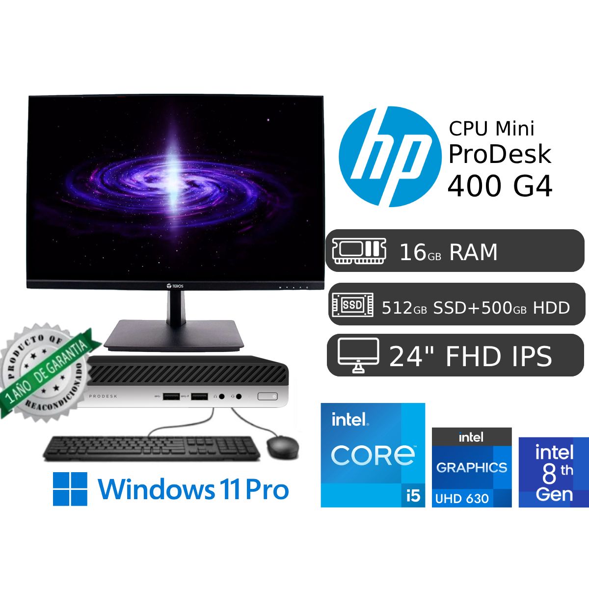 HP - ProDesk Mini 400 G4 i5 8va 16GB RAM 512GB SSD + 500GB HDD + Monitor Led 24"