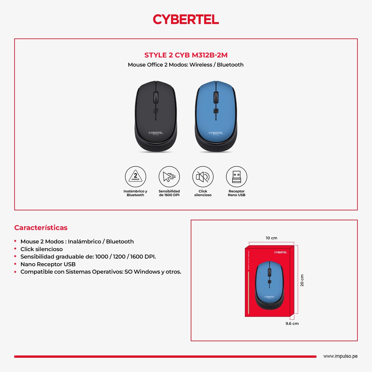 CYBERTEL - Mouse 2 Modos:Bluetooth Inalámbrico 1600DPI Cybertel Style2 M312B-2M