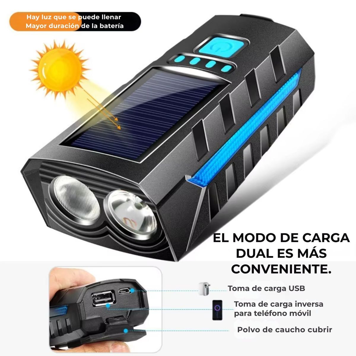 GENERICO - Luz de bicicleta recargable solar con función power bank y strobo
