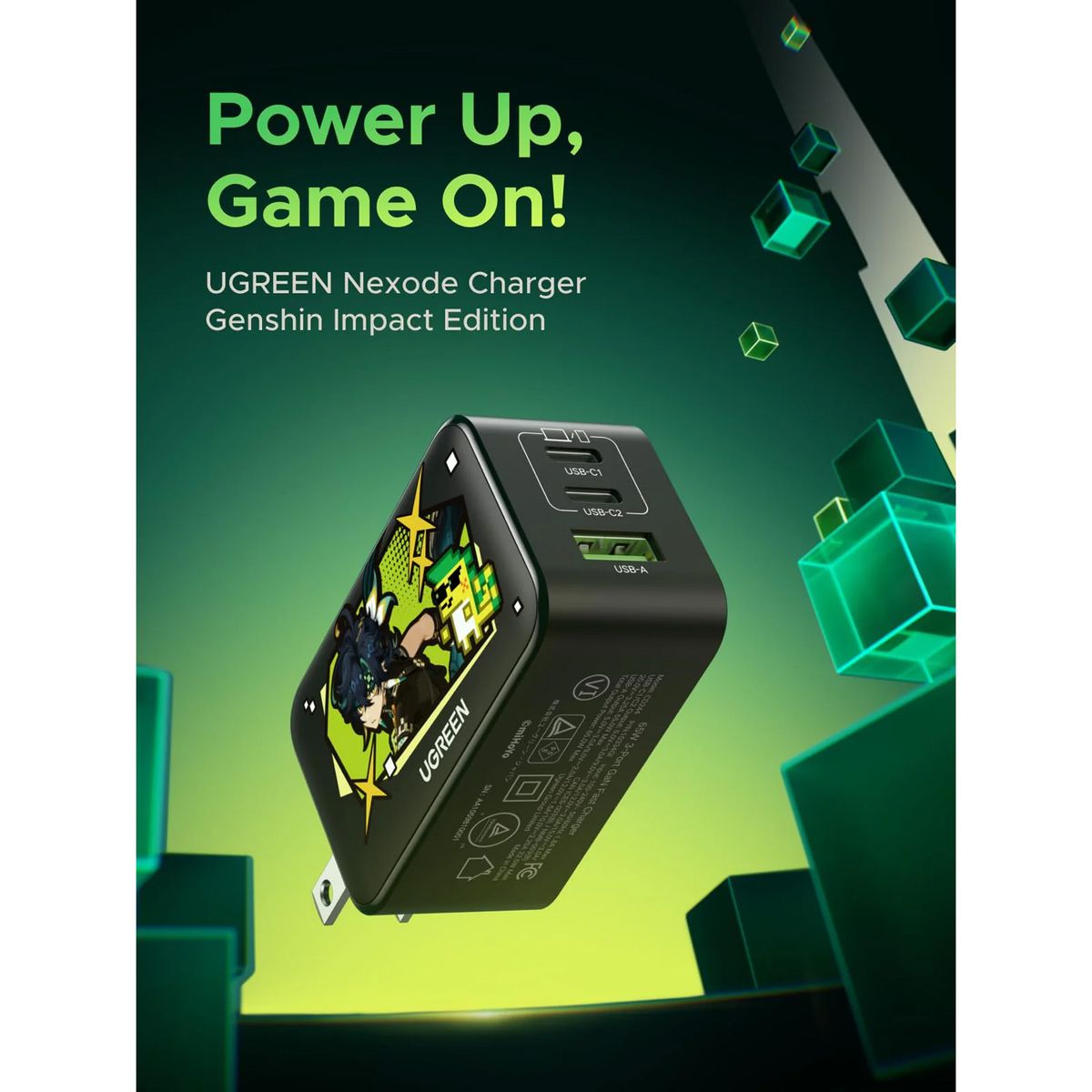 UGREEN - Cargador Rapido Ugreen GaN 65W 3 Puertos Genshin Impact Negro 10334GI