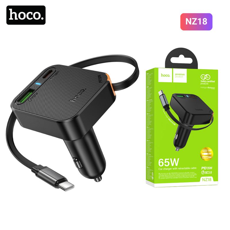 HOCO - Cargador de Auto Hoco 65W con Cable Retráctil Carga Rápida