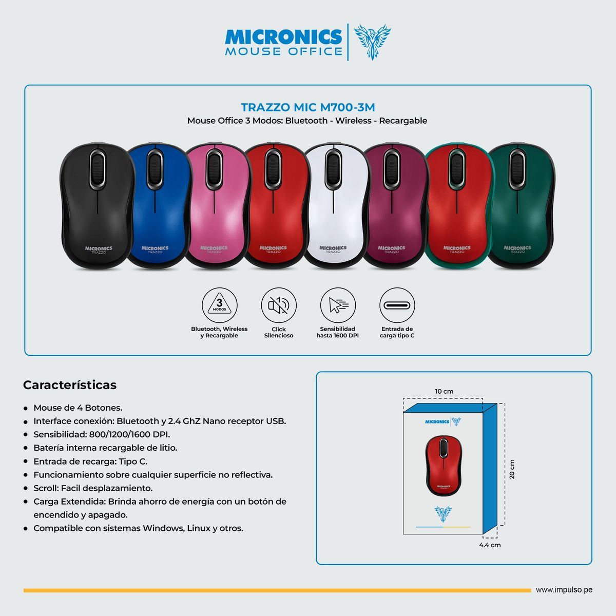 MICRONICS - Mouse 3 Modos: BT Inalámbrico Recargable Gris Micronics Trazzo M700-3m