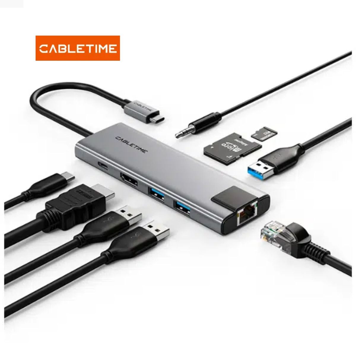 CABLETIME - HUB USB-C 9 EN 1 CON JACK DE AUDIO ETHERNET DE CARGA HDMI 4K CABLETIME