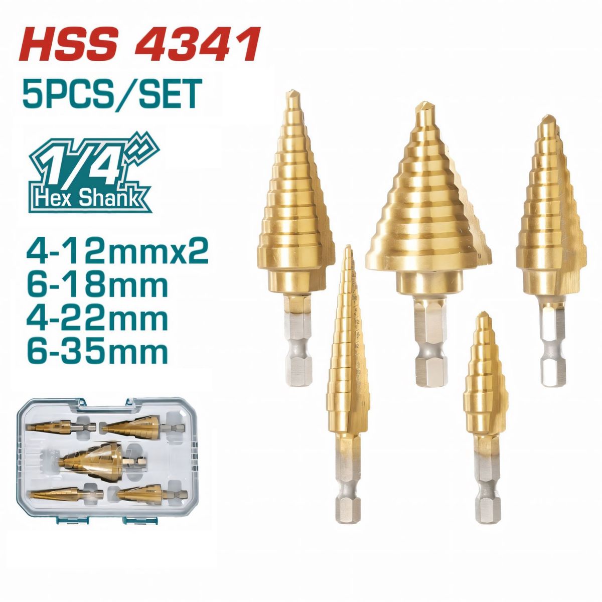 TOTAL TOOLS - Broca Escalonada Hex Hss4341 1/4 5 Piezas Total – TACSD2051