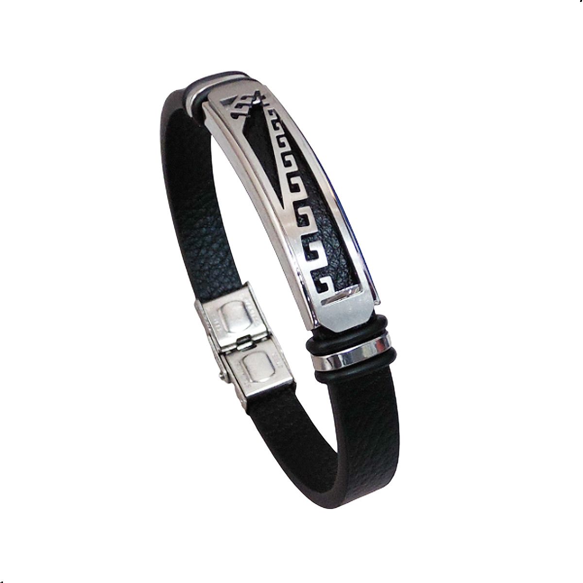 GENERICO - Pulsera Con Esclava De Acero Inoxidable Cuero Pu Para Hombre