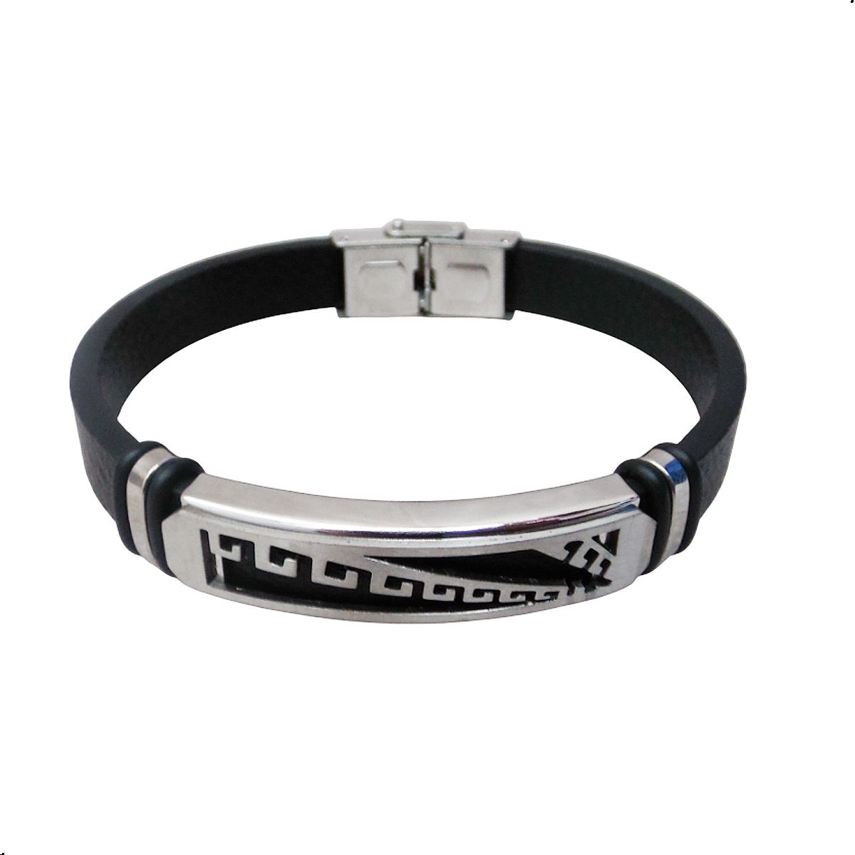 GENERICO - Pulsera Con Esclava De Acero Inoxidable Cuero Pu Para Hombre