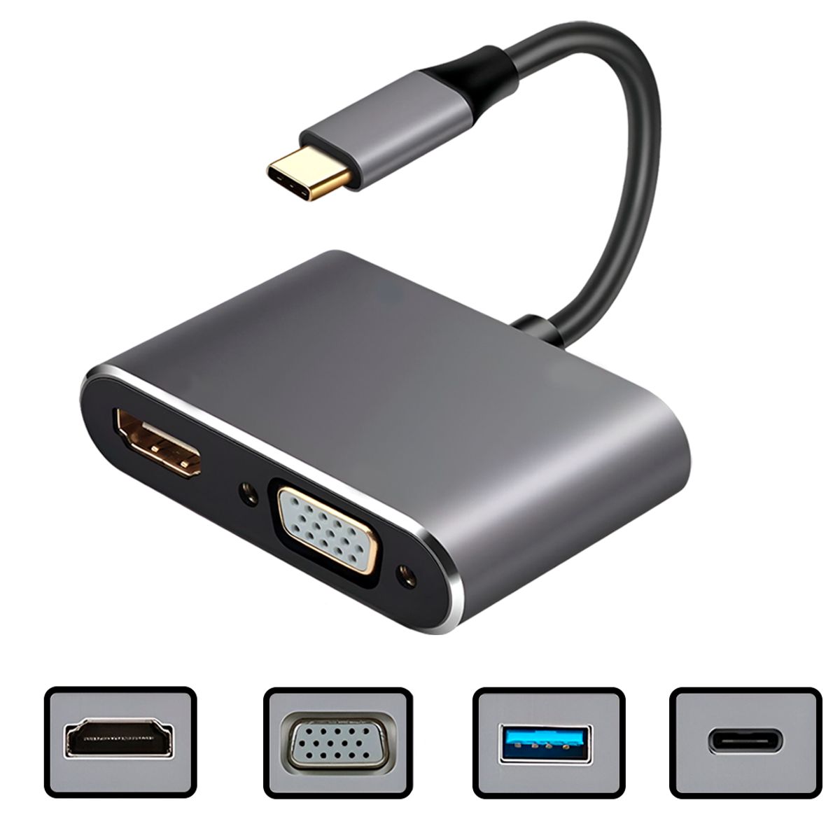 FAST & UP - Adaptador 4 En 1 Usb-c A Vga/hdmi/usb 3.1 4k Ultra Fast Gris