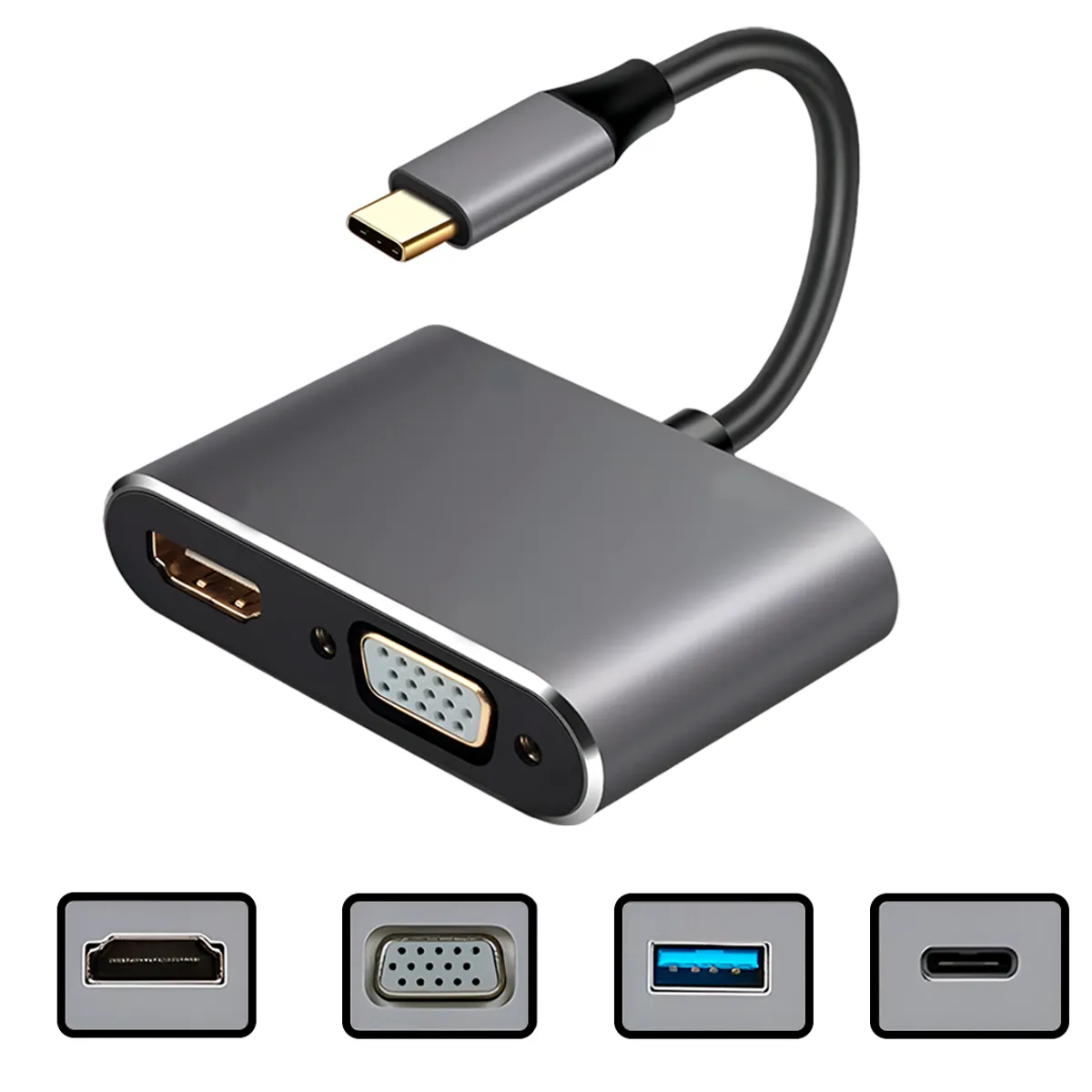 FAST & UP - Adaptador 4 En 1 Usb-c A Vga/hdmi/usb 3.1 4k Ultra Fast Gris