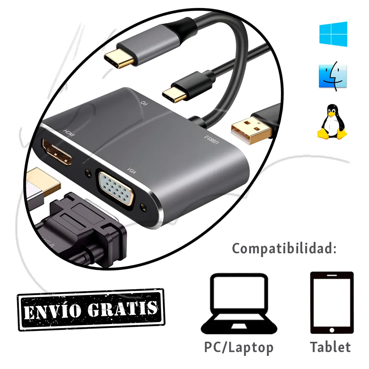 FAST & UP - Adaptador 4 En 1 Usb-c A Vga/hdmi/usb 3.1 4k Ultra Fast Gris