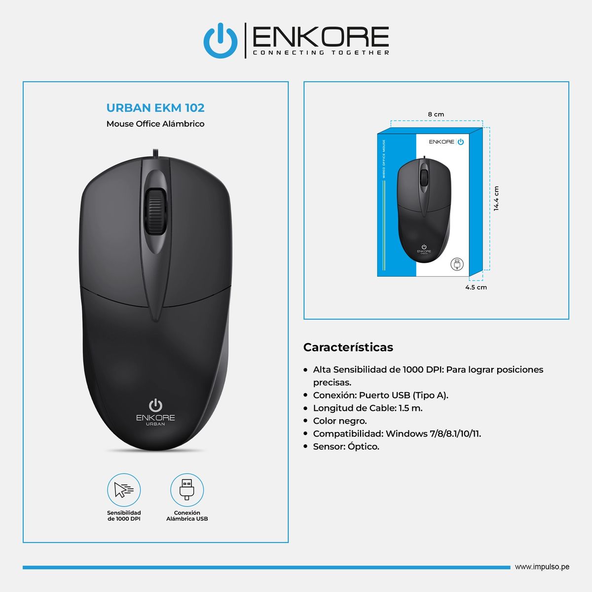 ENKORE - Mouse alámbrico Negro 1000DPI Enkore Urban - EKM 102