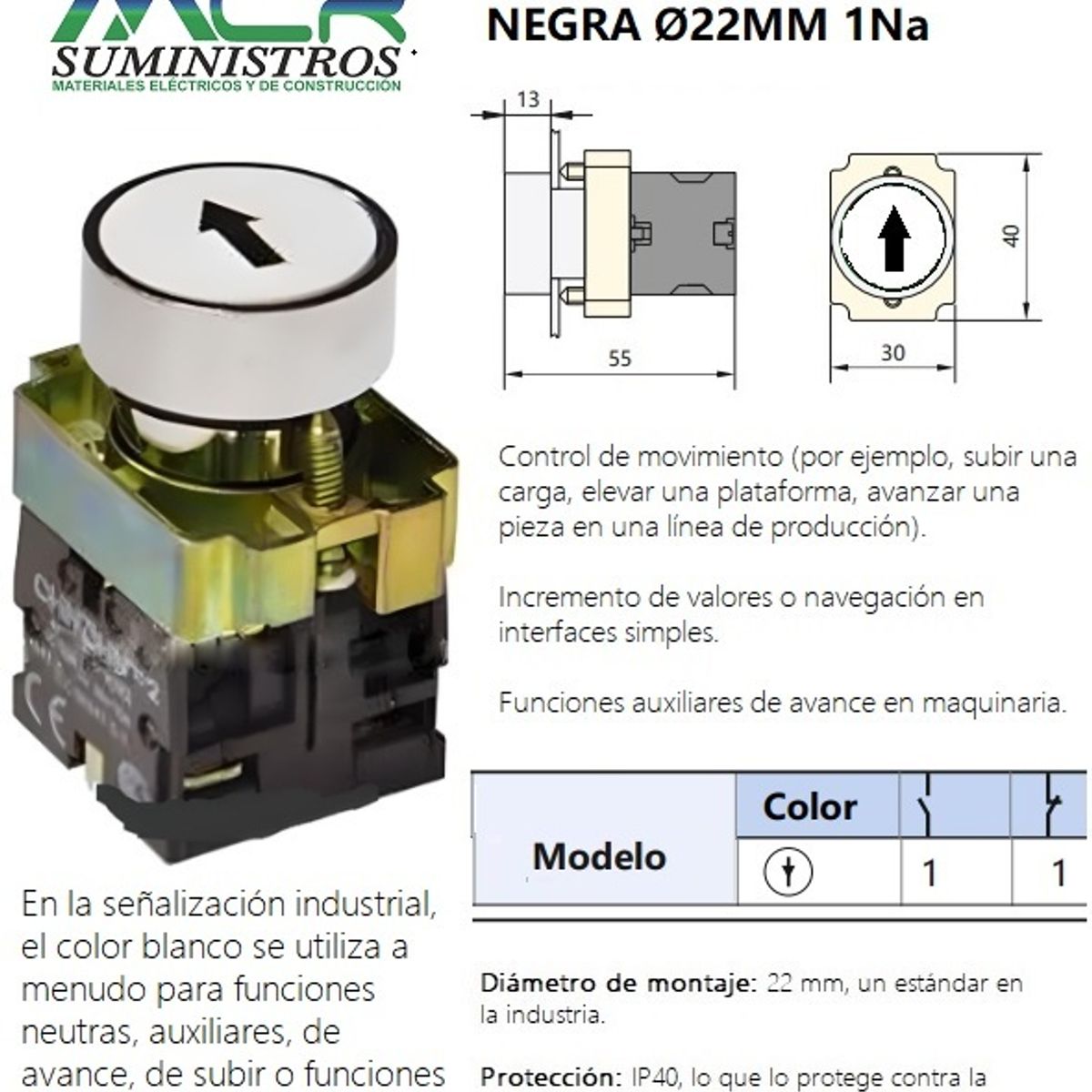 CHINT - INTERRUPTOR PULSADOR METALICO RASANTE BLANCO FECHA NEGRAS 22Mm 1Na