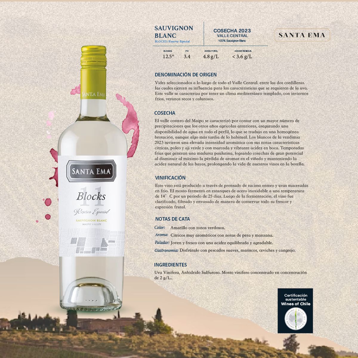 SANTA EMA - Vino Santa Ema Blocks 11 Sauvignon Blanc Reserva Especial  x3