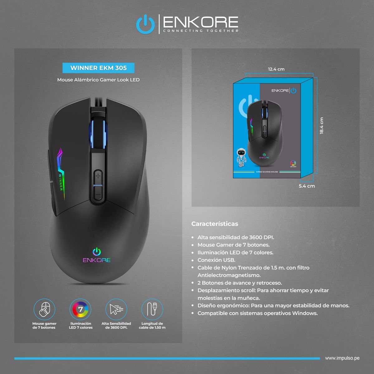 ENKORE - Mouse Gamer Alámbrico LED 7B 3600DPI Enkore Winner EKM 305