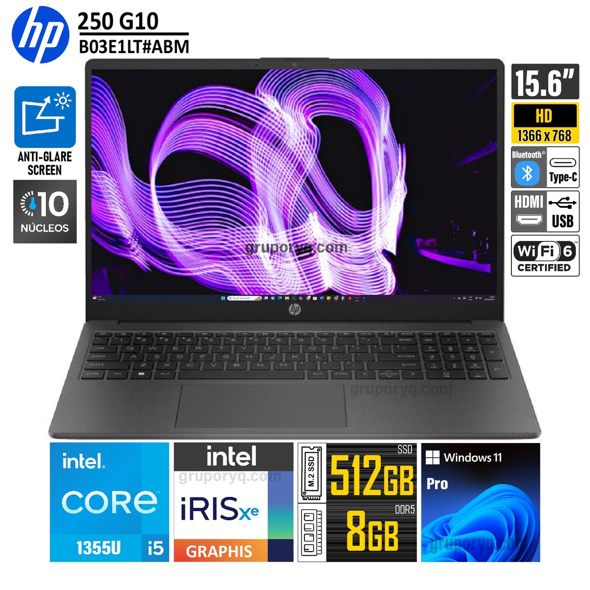 HP - Laptop HP 250 G10 Intel Core i5-1334U Tecnología vPro RAM 8GB SSD 512GB Pantalla 15.6" HD