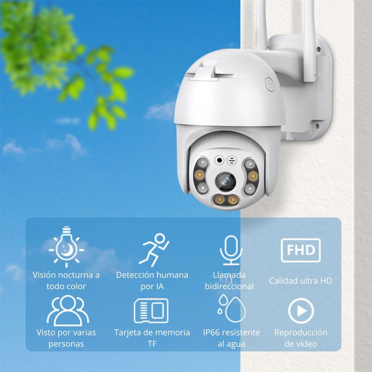 GENERICO - Cámara de Seguridad WiFi Exterior PTZ 360° IP66 con Visión Nocturna y Audio