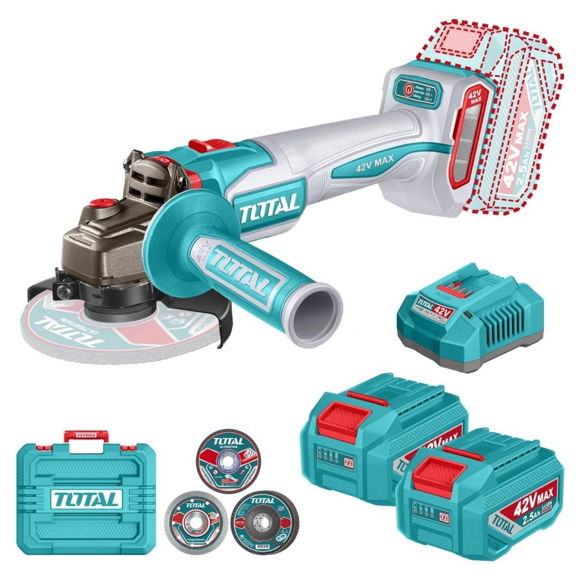 Total Tools - Amolador Inalámbrica 1280W 4-1/2" + 2 Batería y Cargador 42v Total