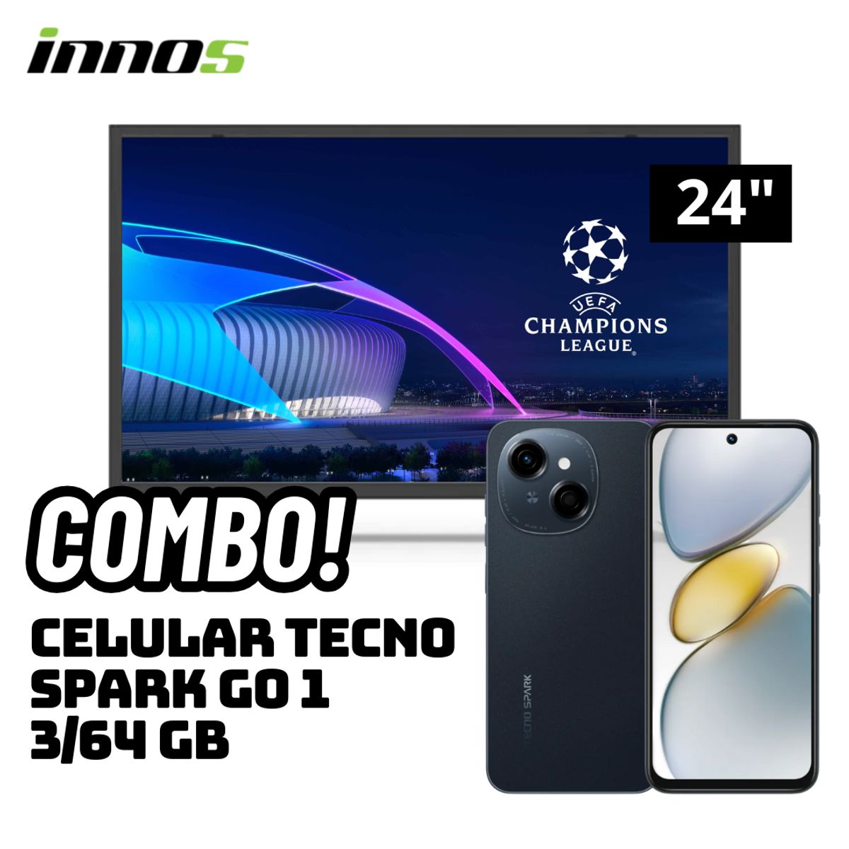 GENERICO - TELEVISOR INNOS 24 SMART TV ANDROID TV HD LED - S2401KU + CELULAR TECNO SPARK GO 1 3/64 GB NEGRO
