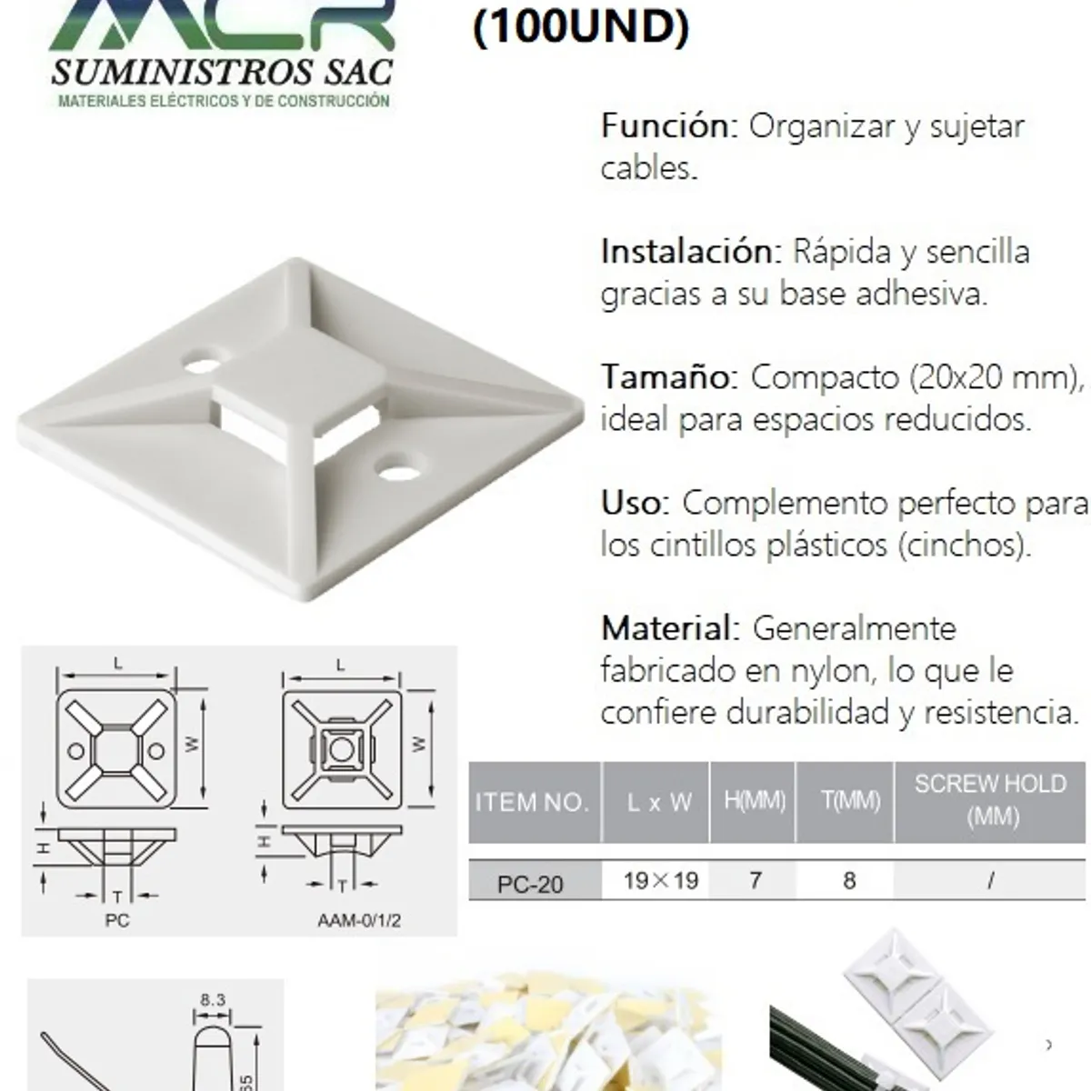 GENERICO - SUJETACABLE ADHESIVO 20X20MM BLANCO 100UND