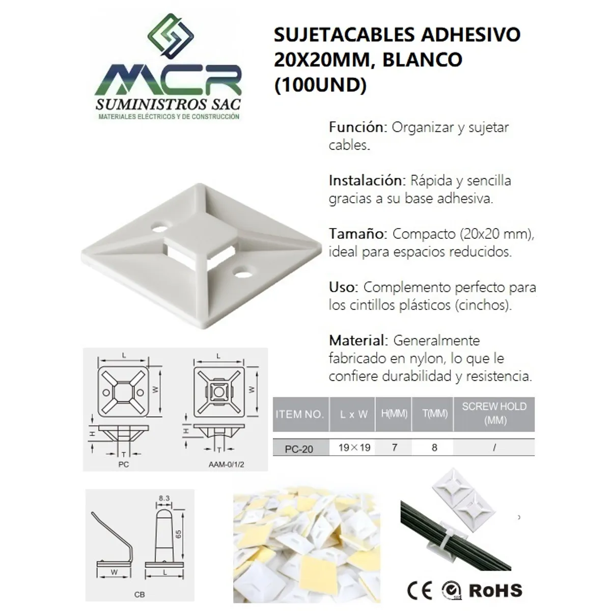 GENERICO - SUJETACABLE ADHESIVO 20X20MM BLANCO 100UND