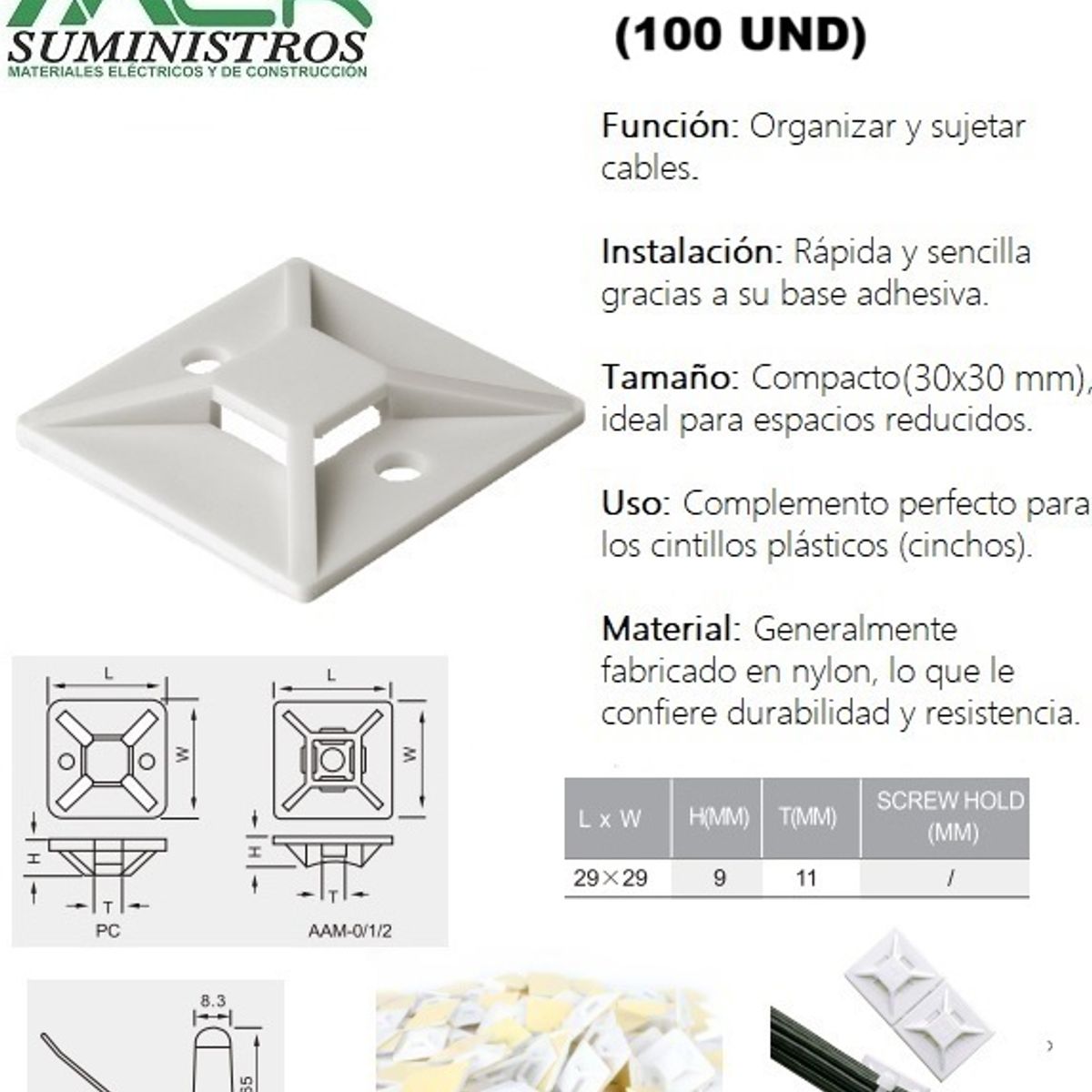 GENERICO - SUJETACABLE ADHESIVO 30x30MM BLANCO 100UND