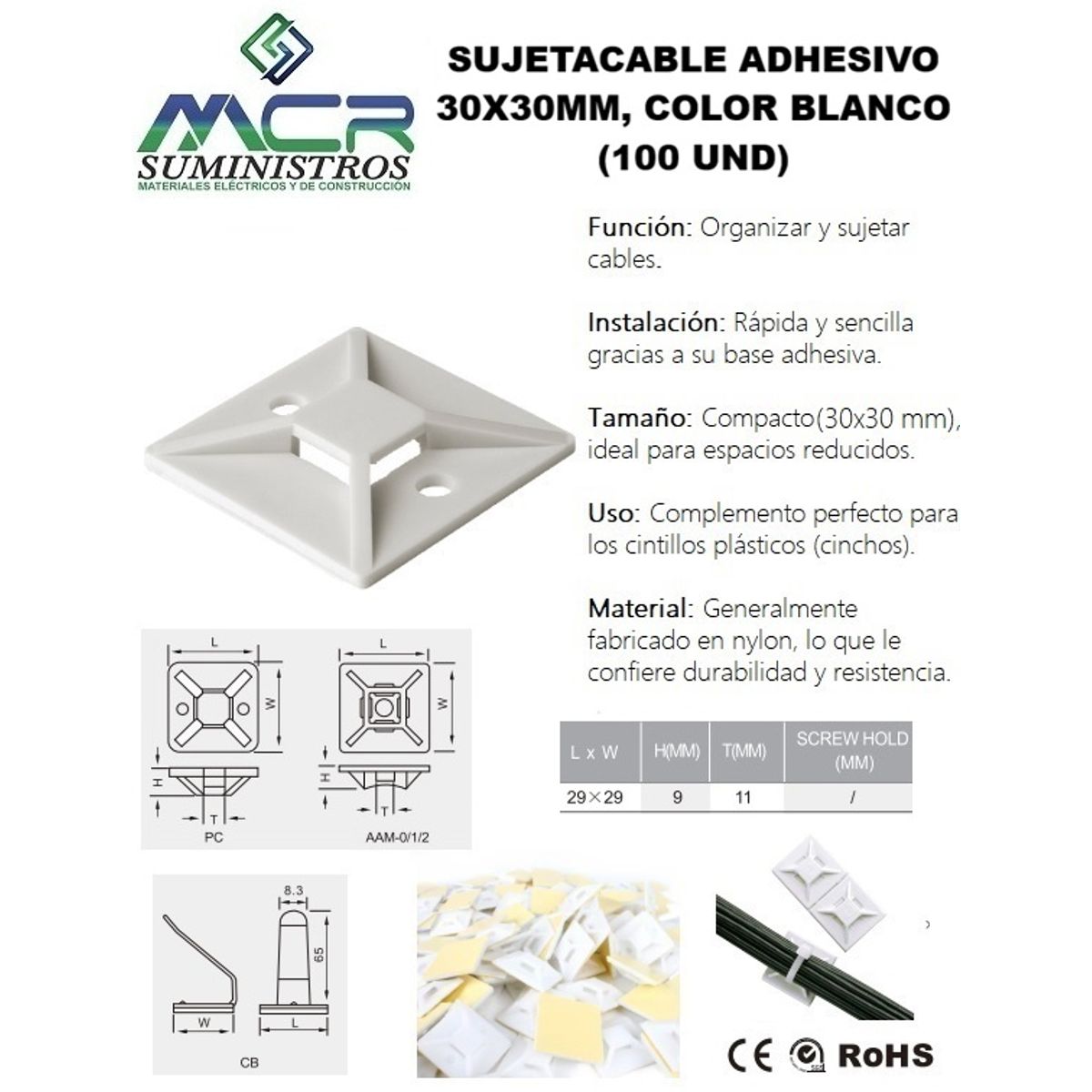 GENERICO - SUJETACABLE ADHESIVO 30x30MM BLANCO 100UND