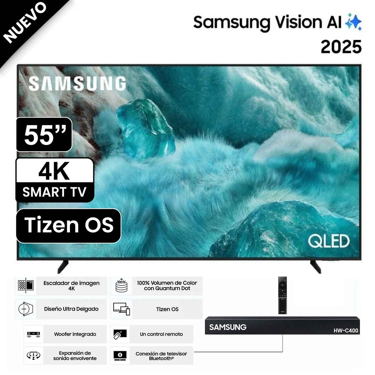 SAMSUNG - Televisor Samsung 55 QLED Smart UHD 4K Vision Ai QN55Q7FAAG + Soundbar HW-C400