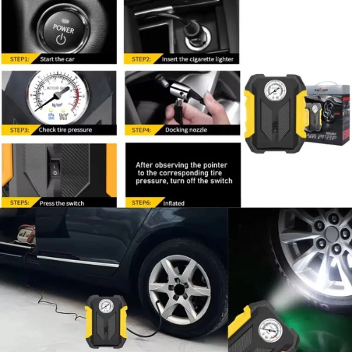 OEM - Inflador de neumáticos portátil Carsun 12V y luz LED 150psi