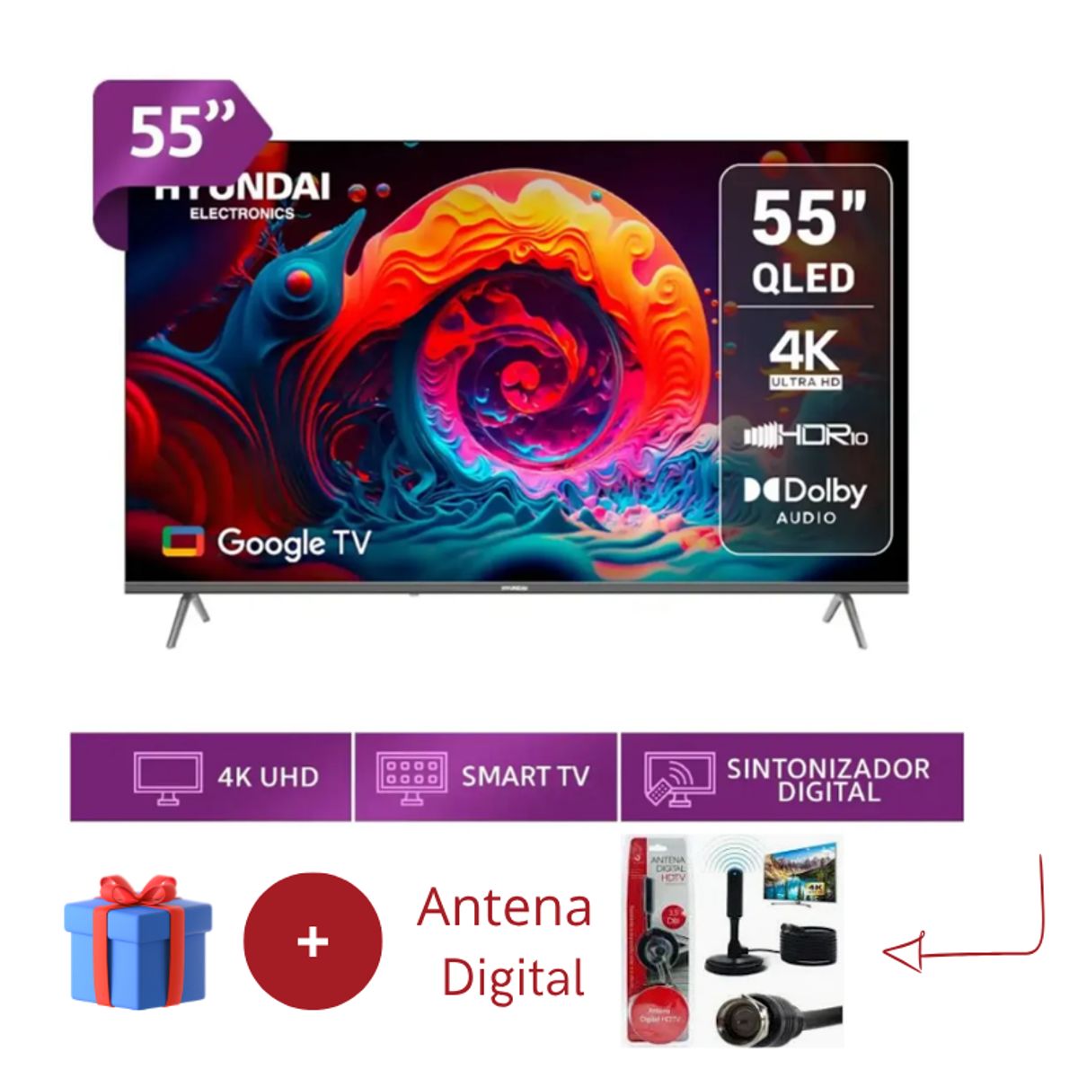 HYUNDAI - TELEVISOR SMART TV HYUNDAI 4K ULTRA HD 55” HYLED5530QMG + Antena Digital